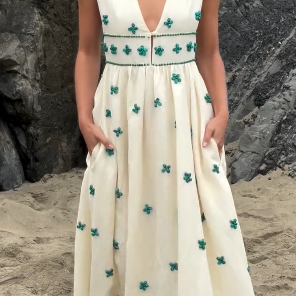 Eddy Becca Cream and Turquoise Embellished Maxi Dress with Plunge Neckline